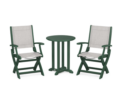 POLYWOOD® Coastal Folding 3-Piece Round Bistro Dining Set in Green / Parchment Sling
