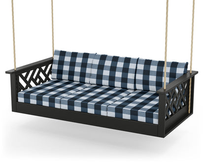 POLYWOOD® Chippendale Daybed Swing in Black / Buffalo Plaid Marine Indigo