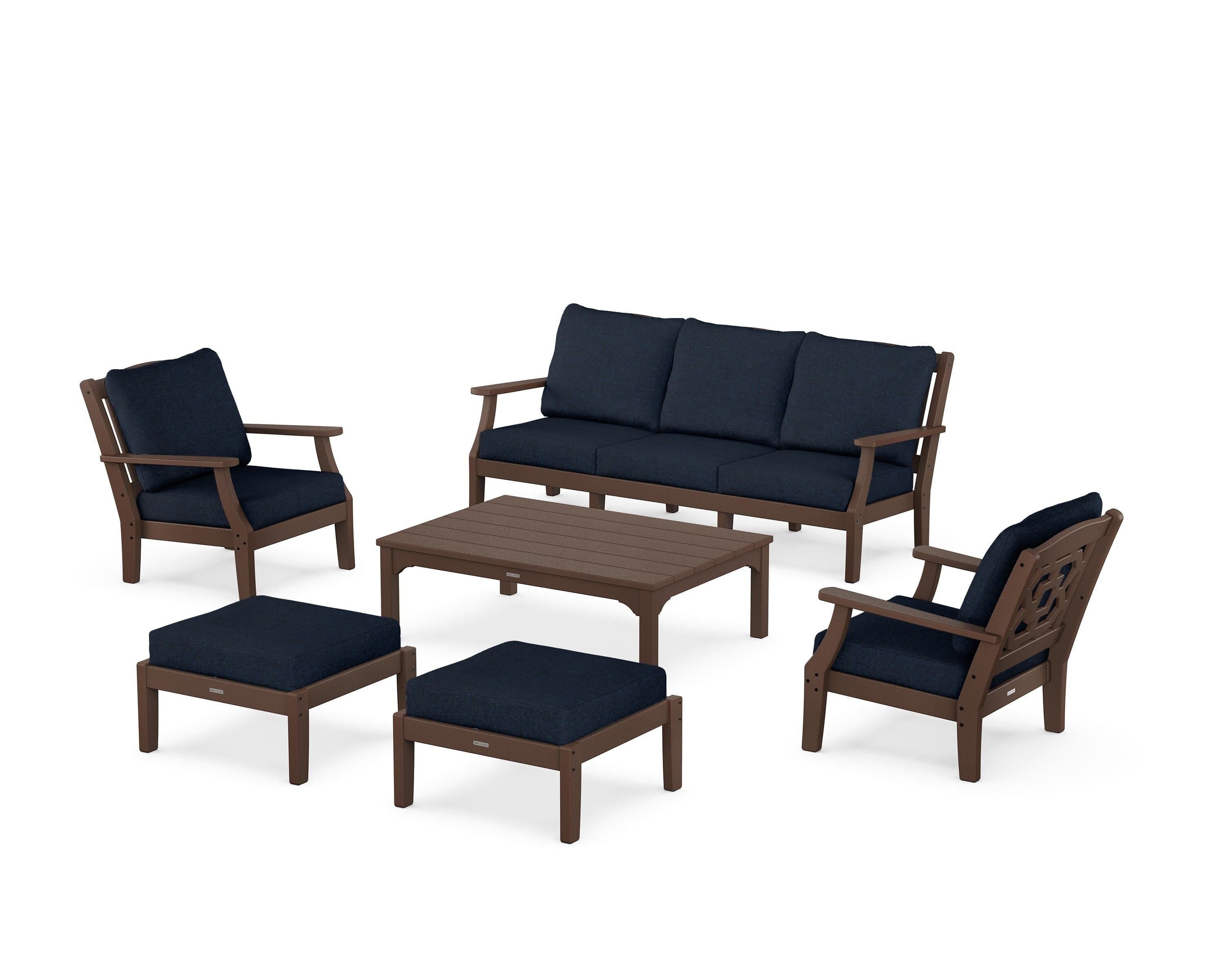 Martha Stewart by POLYWOOD® Chinoiserie 6-Piece Lounge Sofa Set in Mahogany / Marine Indigo