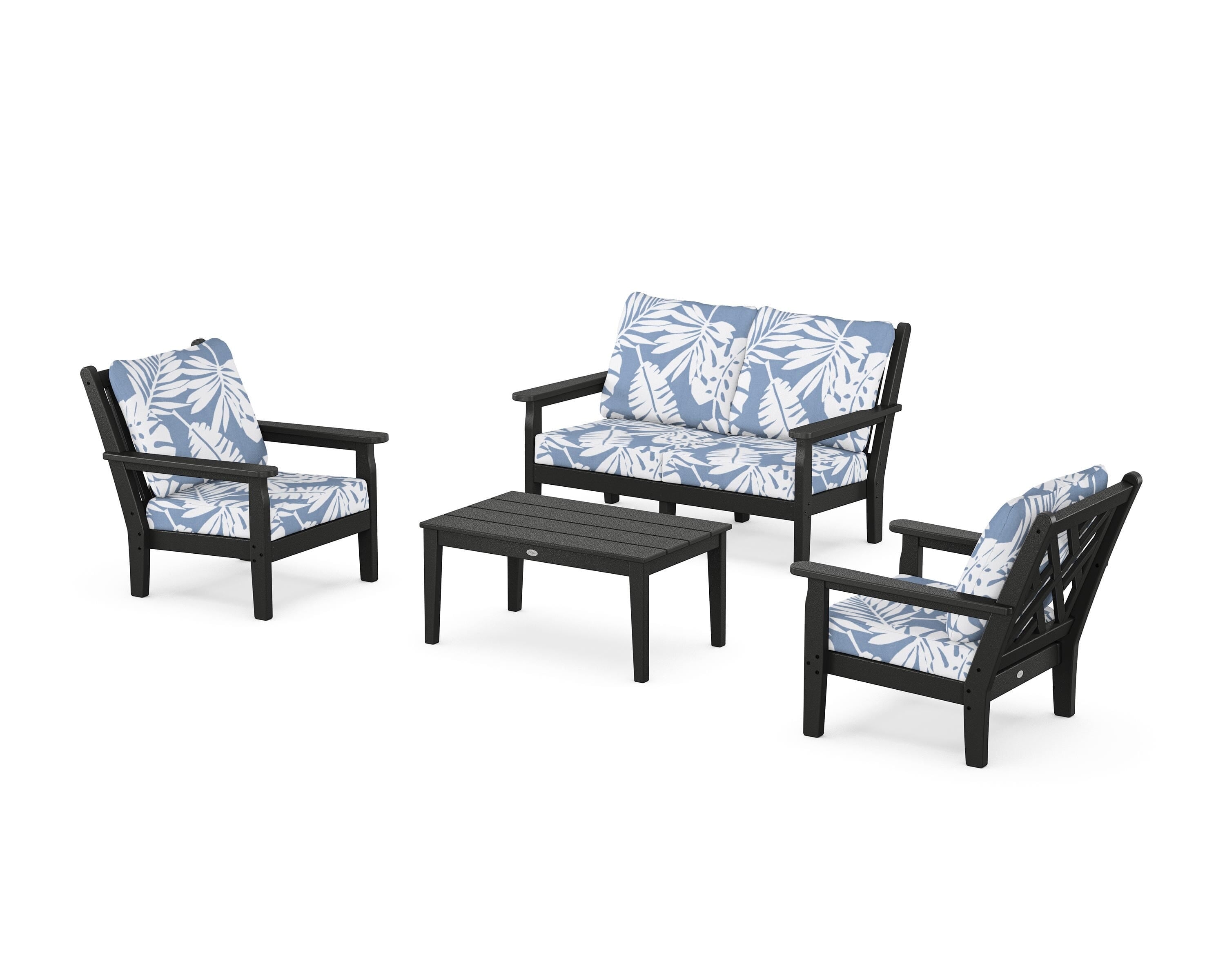 POLYWOOD® Chippendale 4-Piece Deep Seating Set with Loveseat in Black / Leaf Sky Blue