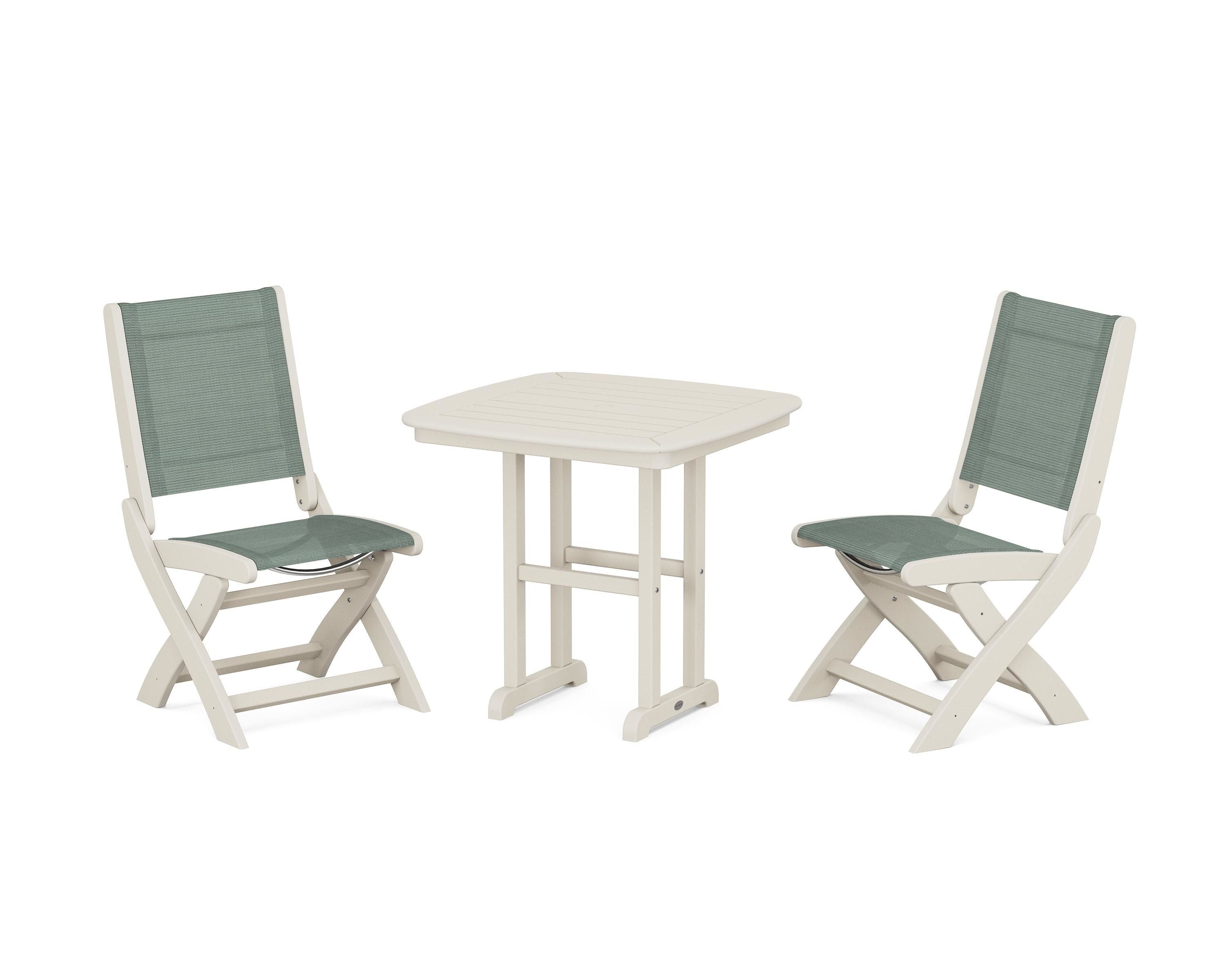 POLYWOOD® Coastal Folding Side Chair 3-Piece Dining Set in Sand / Dupioni Sea Mist Sling