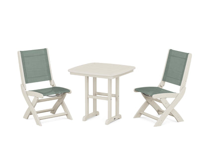 POLYWOOD® Coastal Folding Side Chair 3-Piece Dining Set in Sand / Dupioni Sea Mist Sling