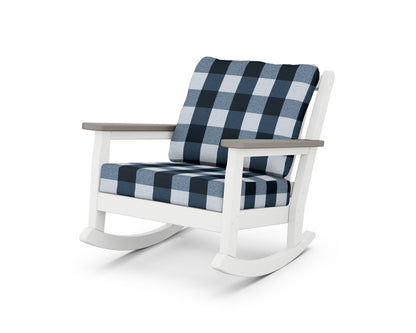 POLYWOOD® Chippendale Deep Seating Rocking Chair in White / Driftwood / Buffalo Plaid Marine Indigo