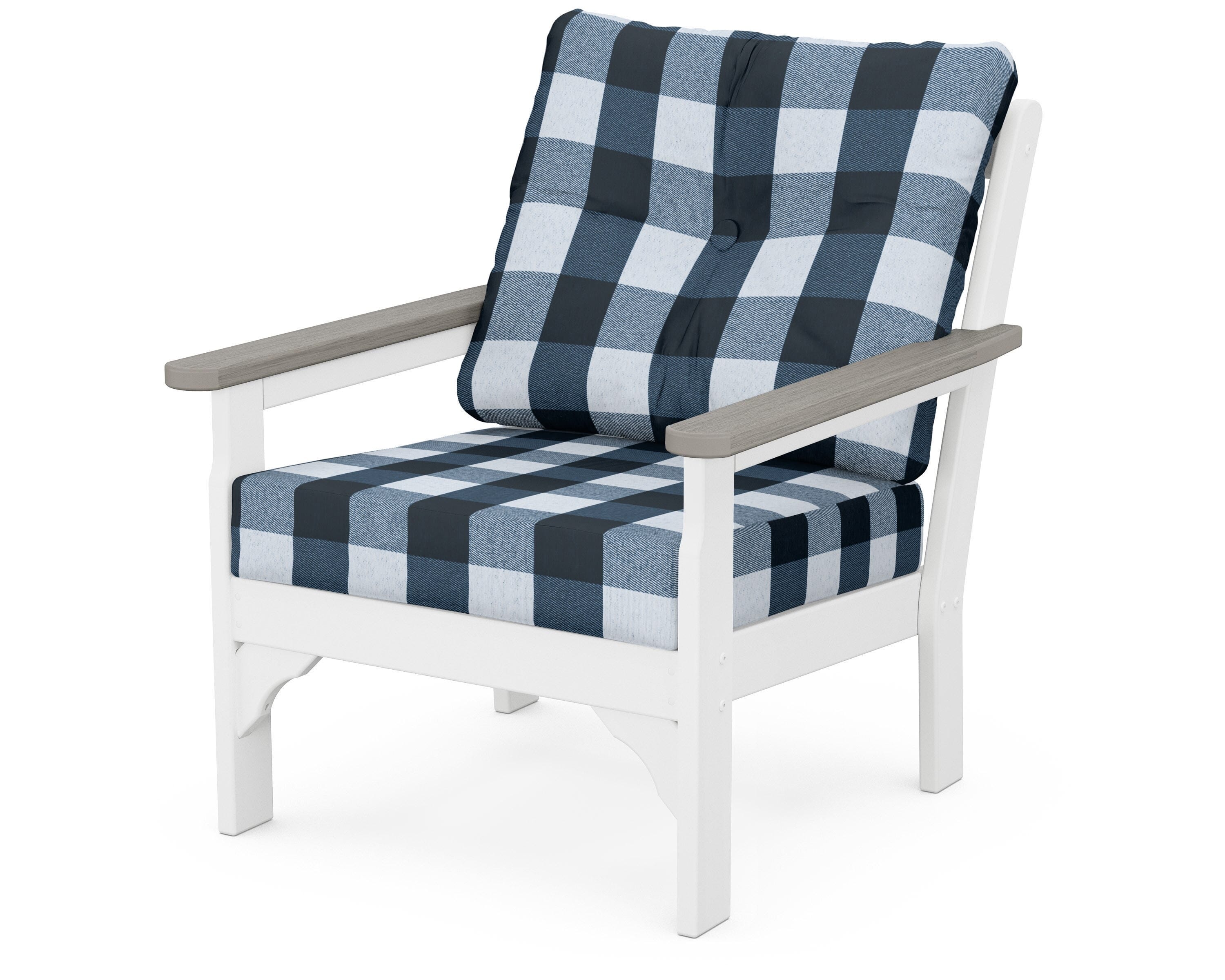 POLYWOOD® Vineyard Deep Seating Chair in White / Driftwood / Buffalo Plaid Marine Indigo