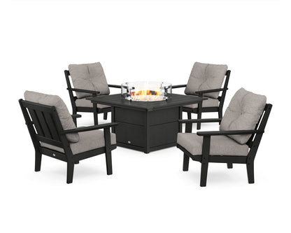 POLYWOOD® Oxford 5-Piece Deep Seating Set with Fire Pit Table in Black / Weathered Tweed
