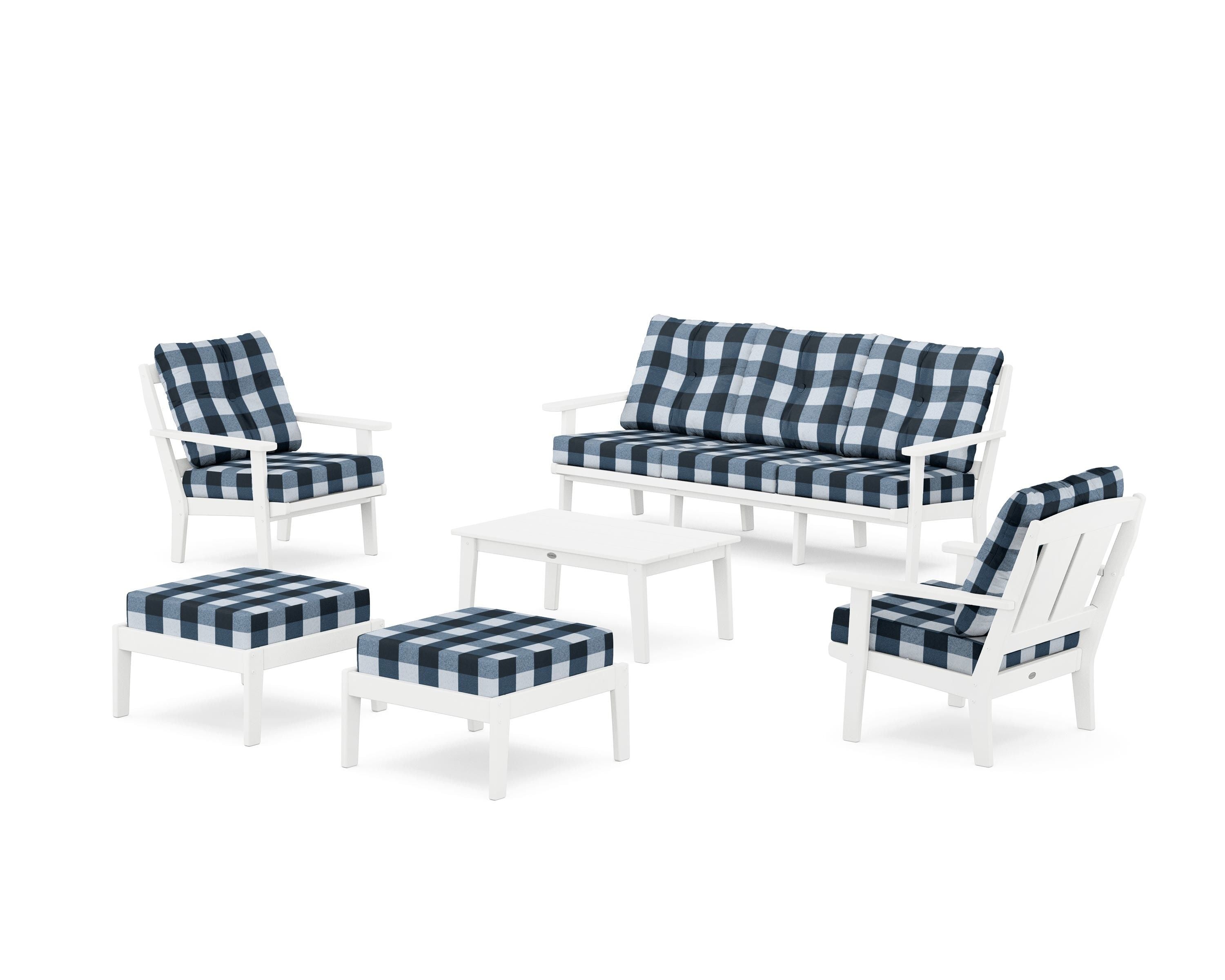 POLYWOOD® Mission 6-Piece Lounge Sofa Set in White / Buffalo Plaid Marine Indigo
