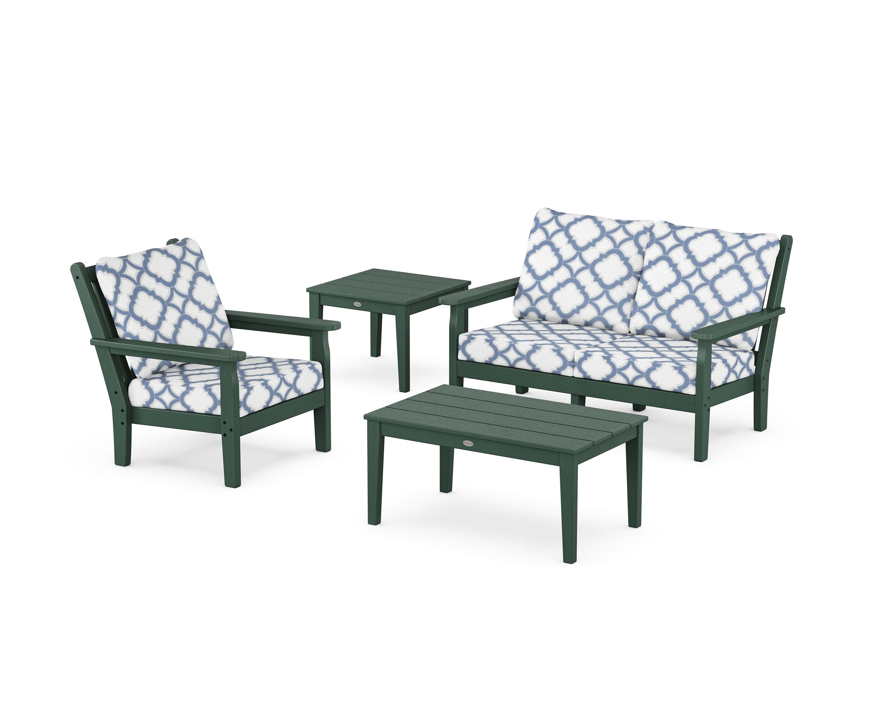 POLYWOOD® Chippendale 4-Piece Deep Seating Set in Green / Trellis Sky Blue