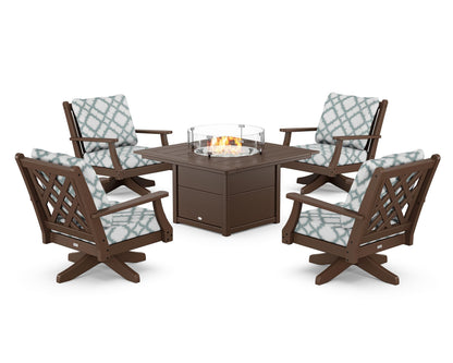 Country Living Wovendale 5-Piece Deep Seating Swivel Conversation Set with Fire Pit Table in Mahogany / Trellis Glacier Spa