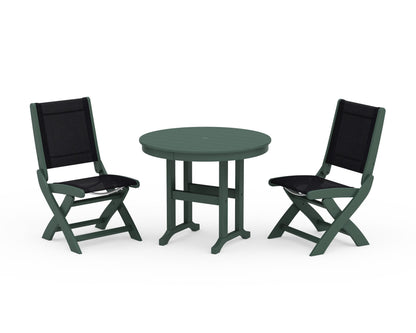 POLYWOOD® Coastal Folding Side Chair 3-Piece Round Dining Set in Green / Black Sling