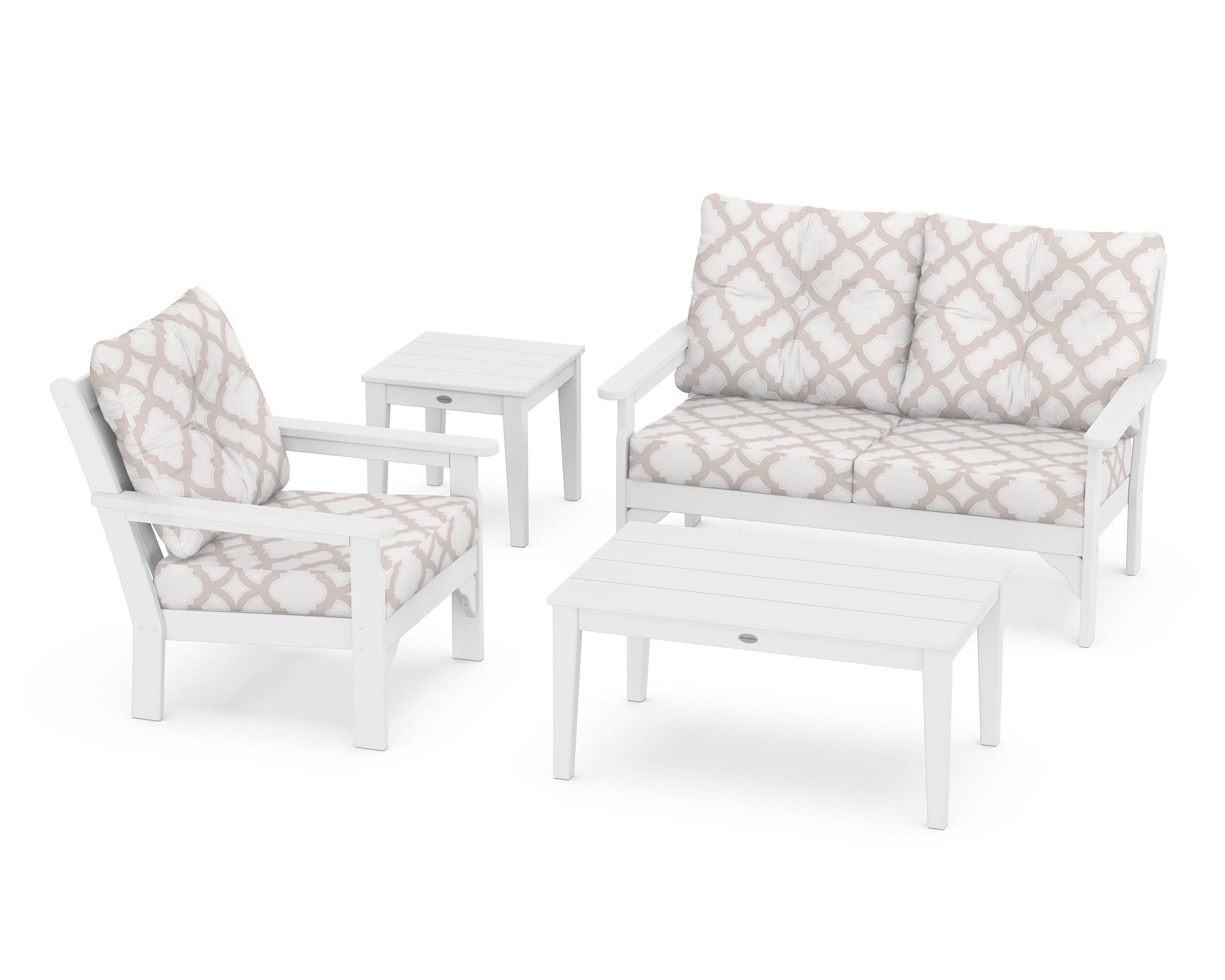 POLYWOOD® Vineyard 4-Piece Deep Seating Set in White / Trellis Dune Burlap