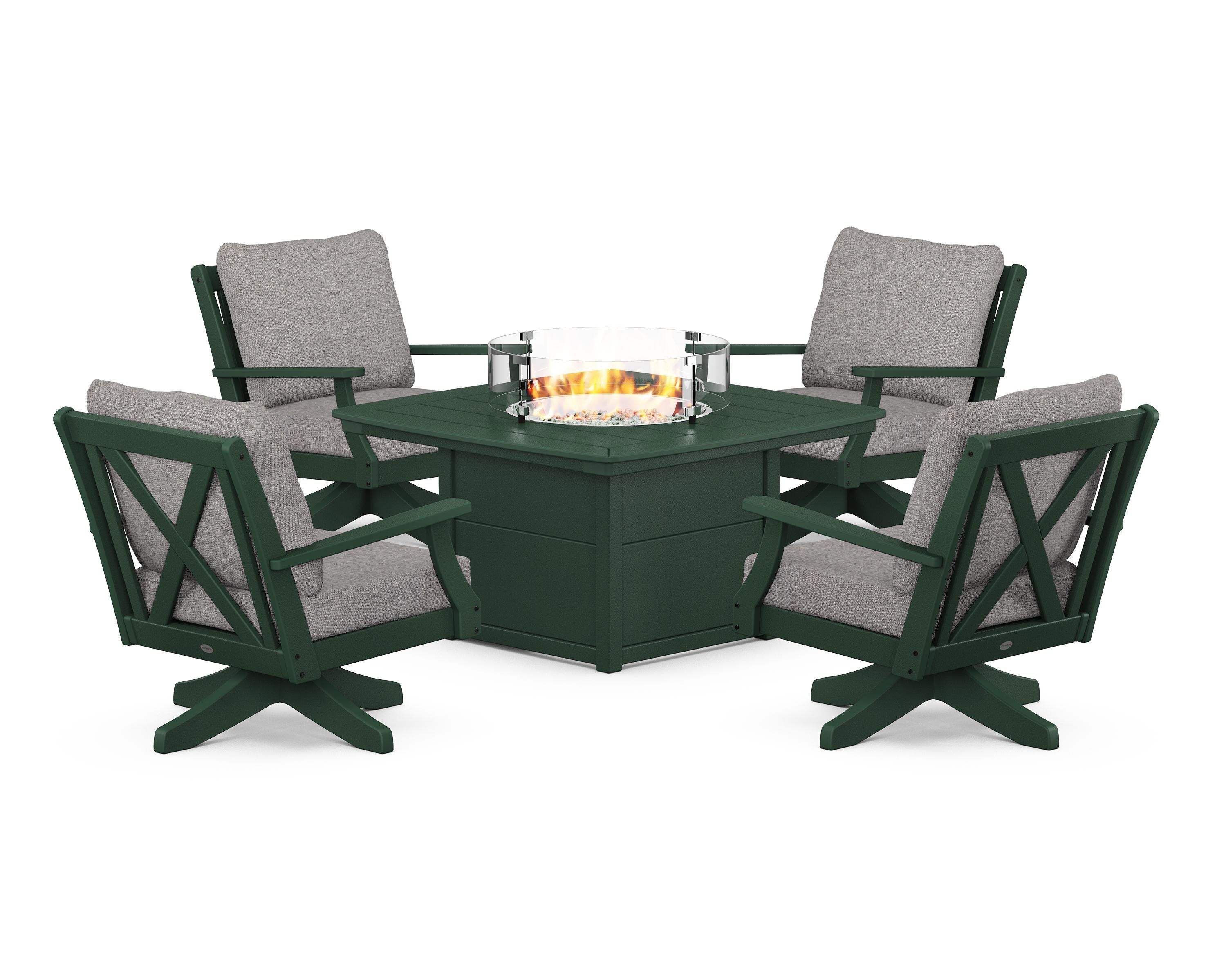 POLYWOOD® Braxton 5-Piece Deep Seating Swivel Conversation Set with Fire Pit Table in Green / Grey Mist