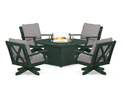 POLYWOOD® Braxton 5-Piece Deep Seating Swivel Conversation Set with Fire Pit Table in Green / Grey Mist