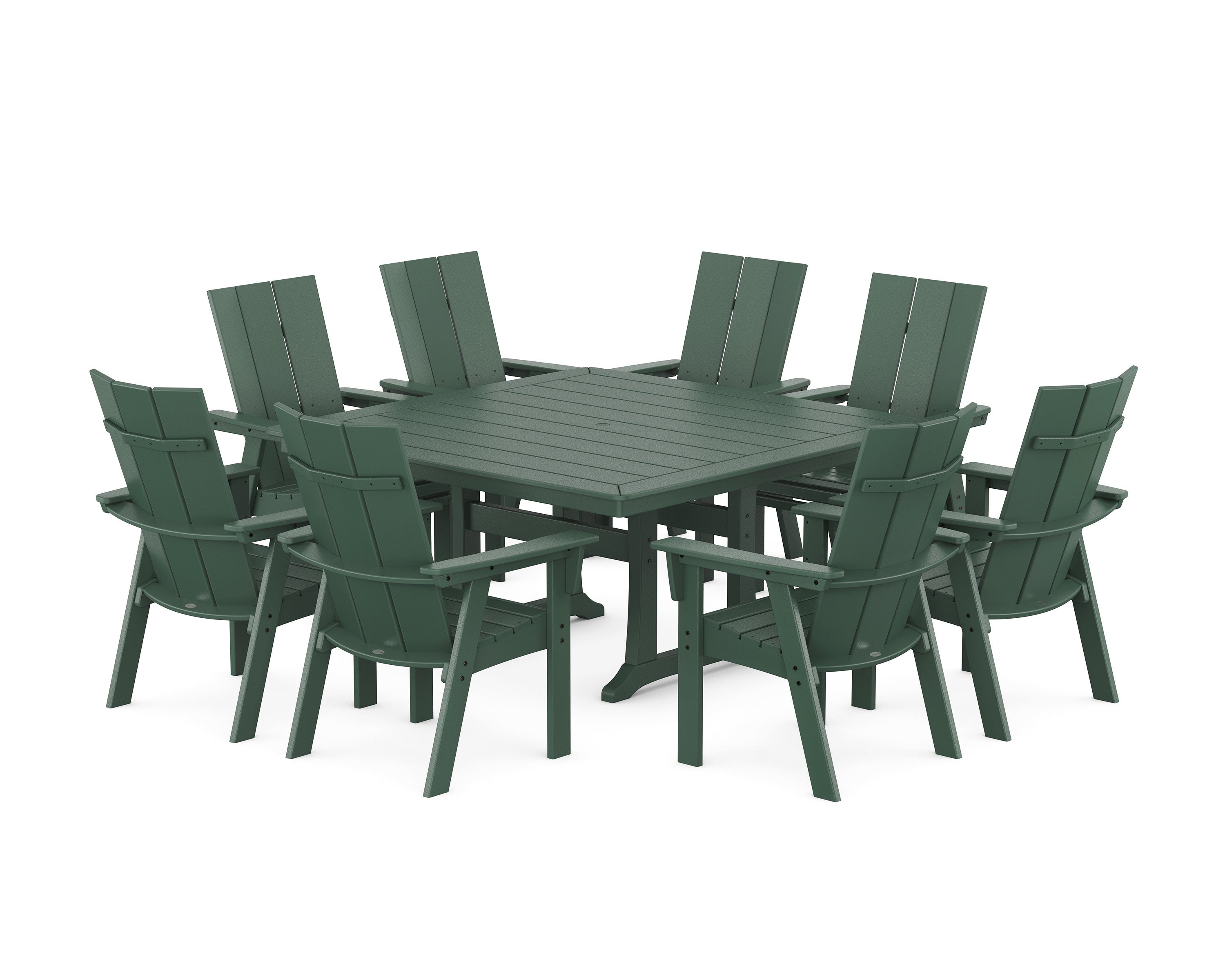 POLYWOOD® Modern Curveback Adirondack 9-Piece Square Dining Set with Trestle Legs in Green