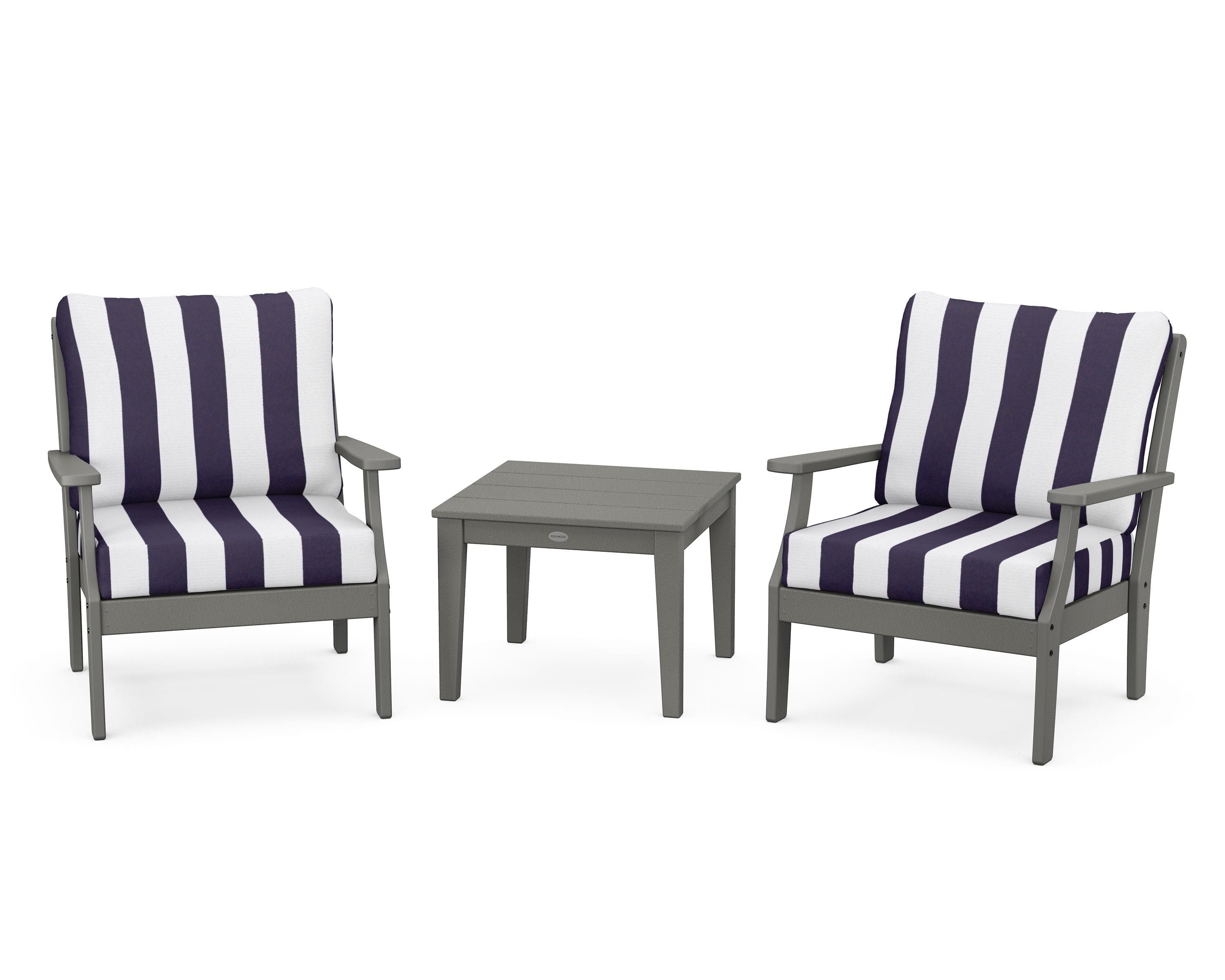 POLYWOOD® Braxton 3-Piece Deep Seating Set in Slate Grey / Cabana Stripe Navy