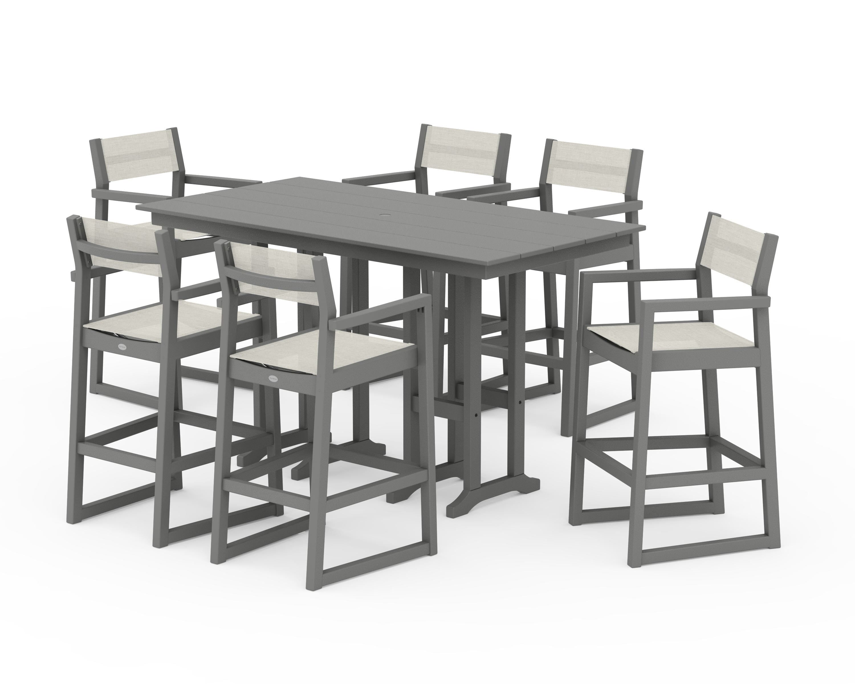 POLYWOOD® EDGE Sling Arm Chair 7-Piece Farmhouse Bar Set in Slate Grey / Parchment Sling