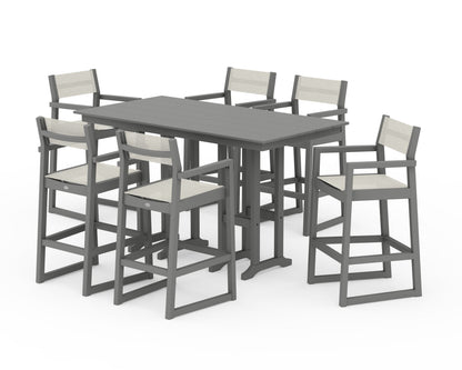 POLYWOOD® EDGE Sling Arm Chair 7-Piece Farmhouse Bar Set in Slate Grey / Parchment Sling