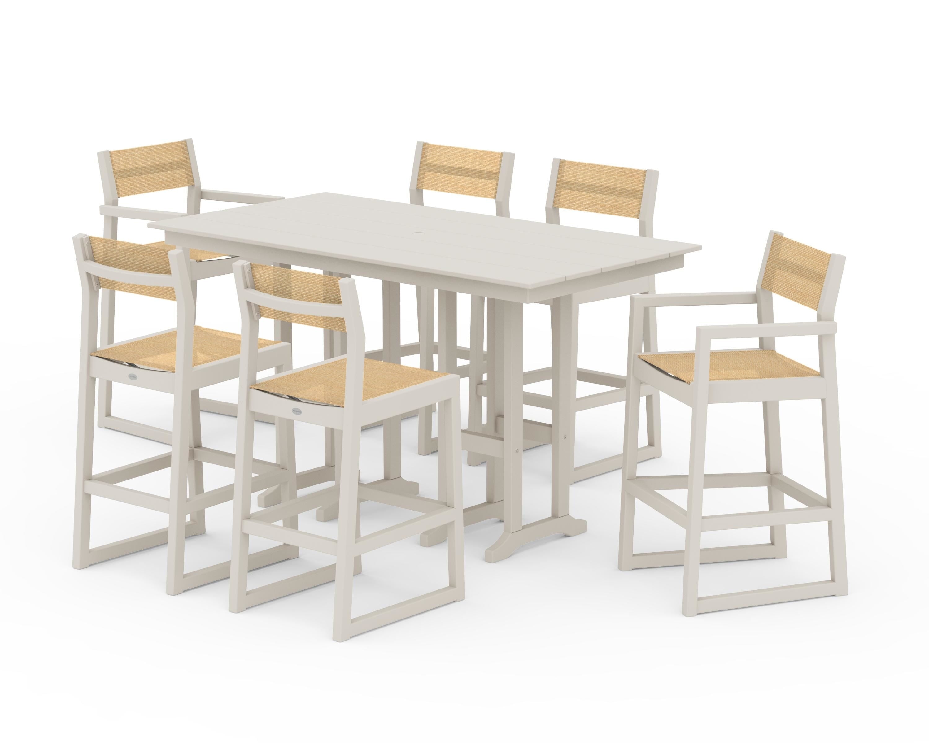 POLYWOOD® EDGE Sling 7-Piece Farmhouse Bar Set in Sand / Dupioni Apricot Sling