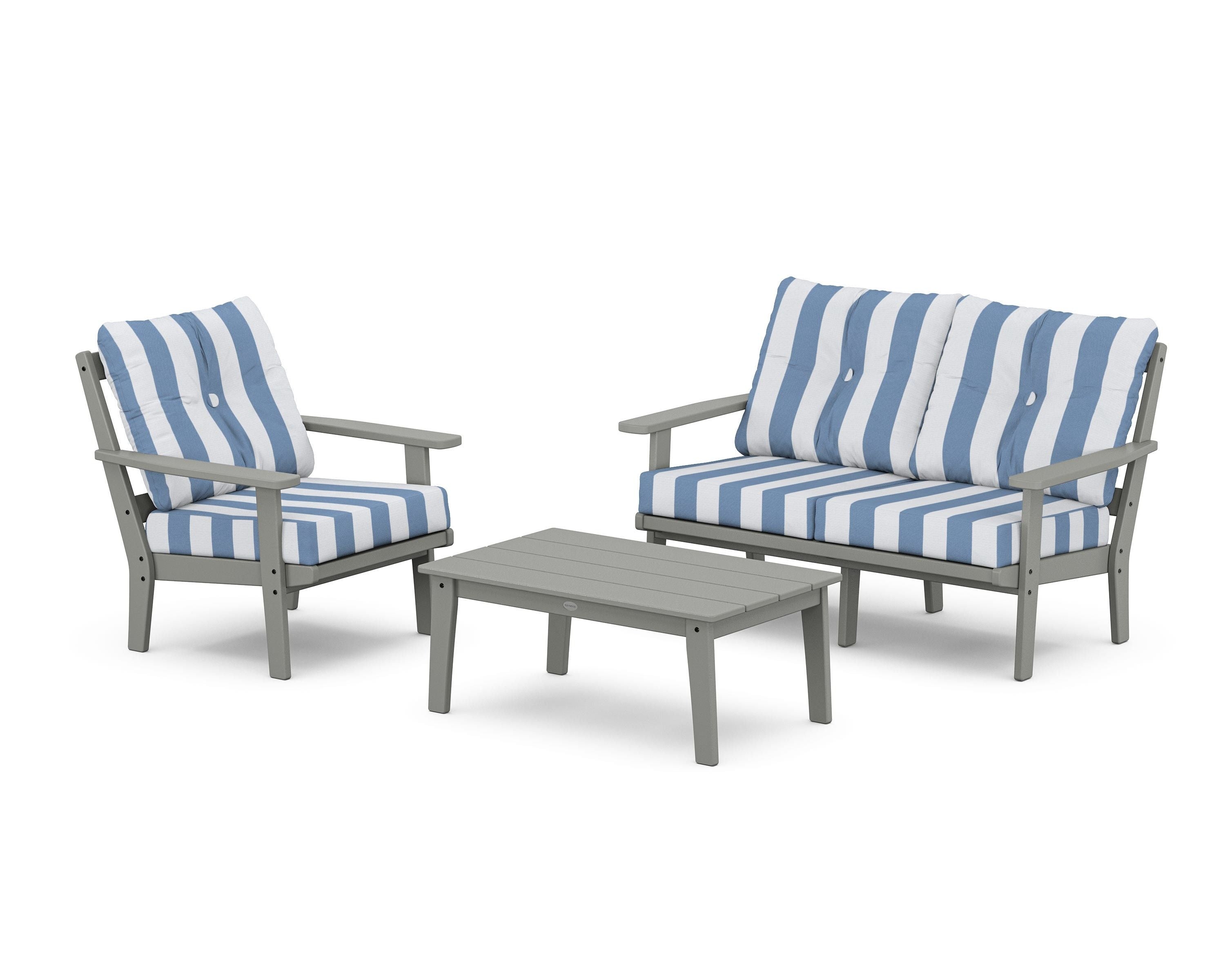 POLYWOOD® Oxford 3-Piece Deep Seating Set with Loveseat in Slate Grey / Cabana Stripe Sky Blue