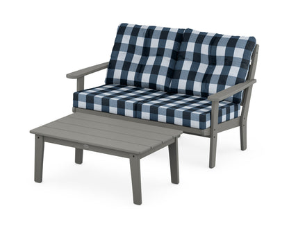 POLYWOOD® Lakeside 2-Piece Lounge Loveseat Set in Slate Grey / Buffalo Plaid Marine Indigo