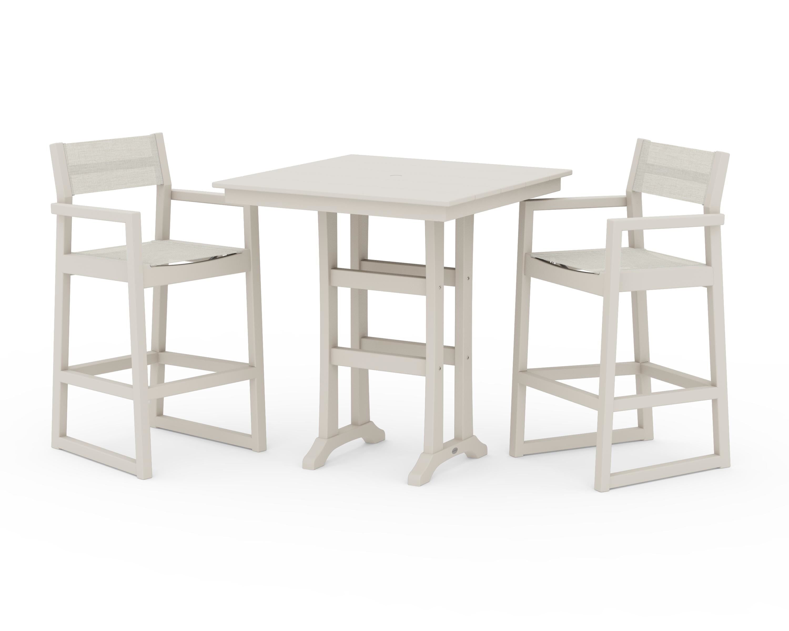 POLYWOOD® EDGE Sling Arm Chair 3-Piece Farmhouse Bar Set with Trestle Legs in Sand / Parchment Sling