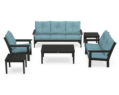 POLYWOOD® Vineyard 6-Piece Deep Seating Set in Black / Lattice Sky Blue