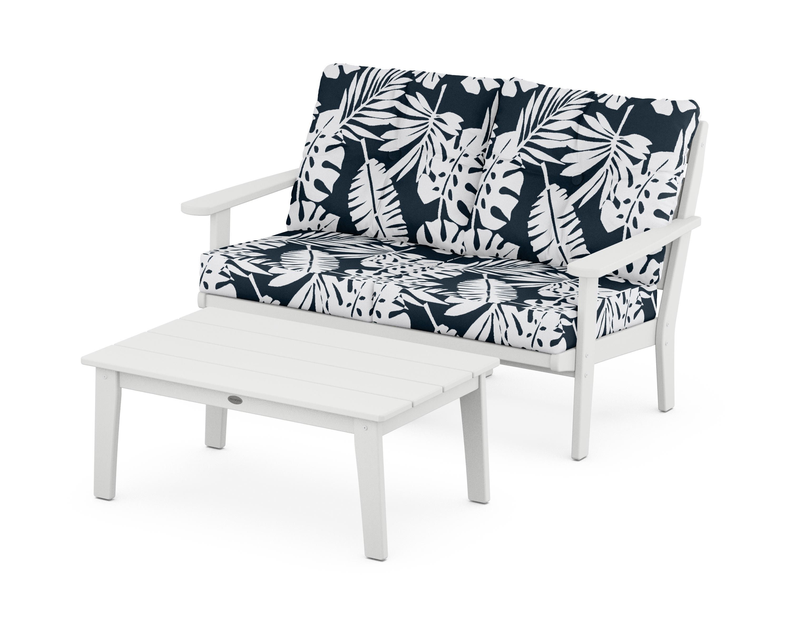 POLYWOOD® Lakeside 2-Piece Lounge Loveseat Set in White / Leaf Marine Indigo