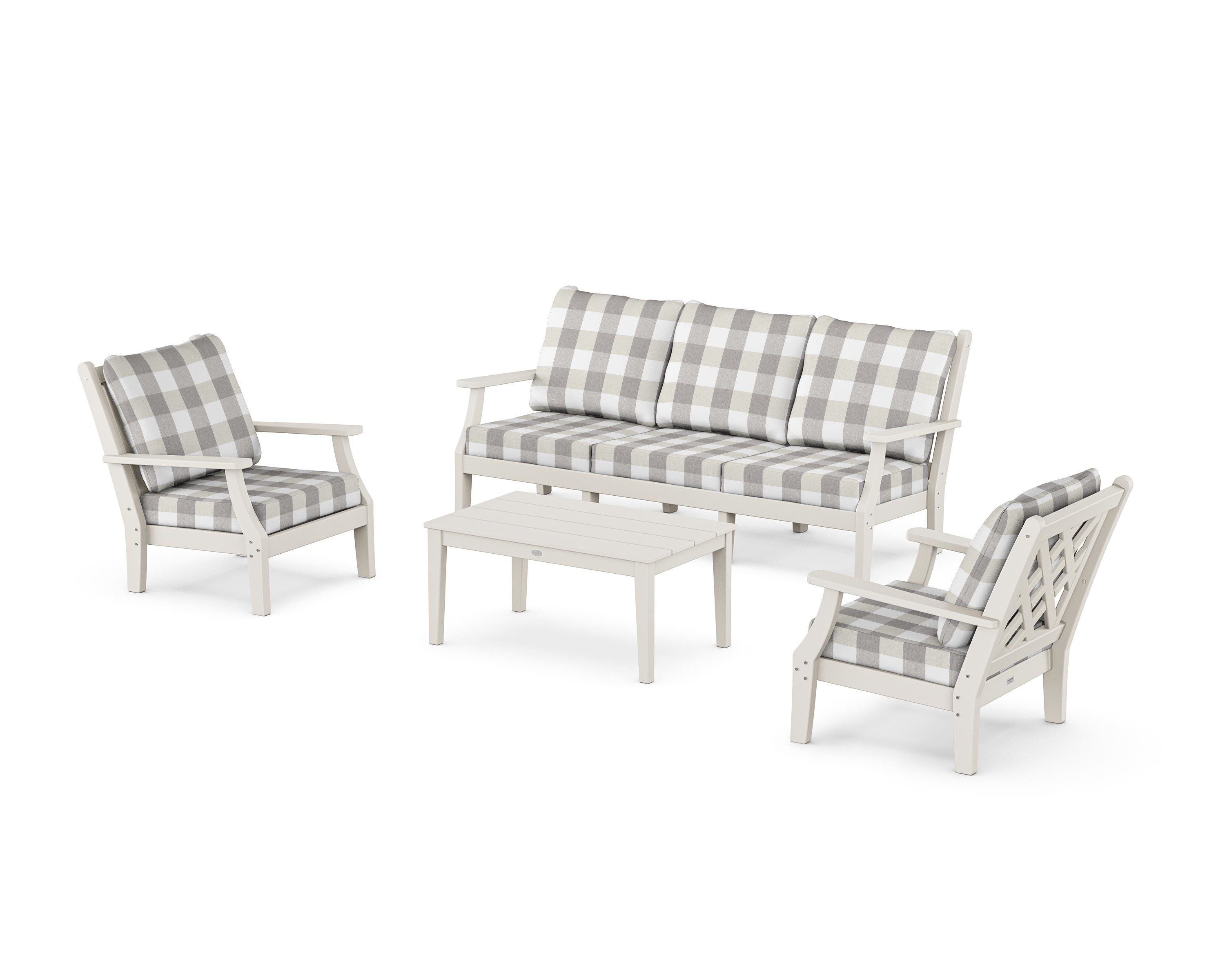 Country Living Wovendale 4-Piece Deep Seating Set with Sofa in Sand / Buffalo Plaid Grey Mist