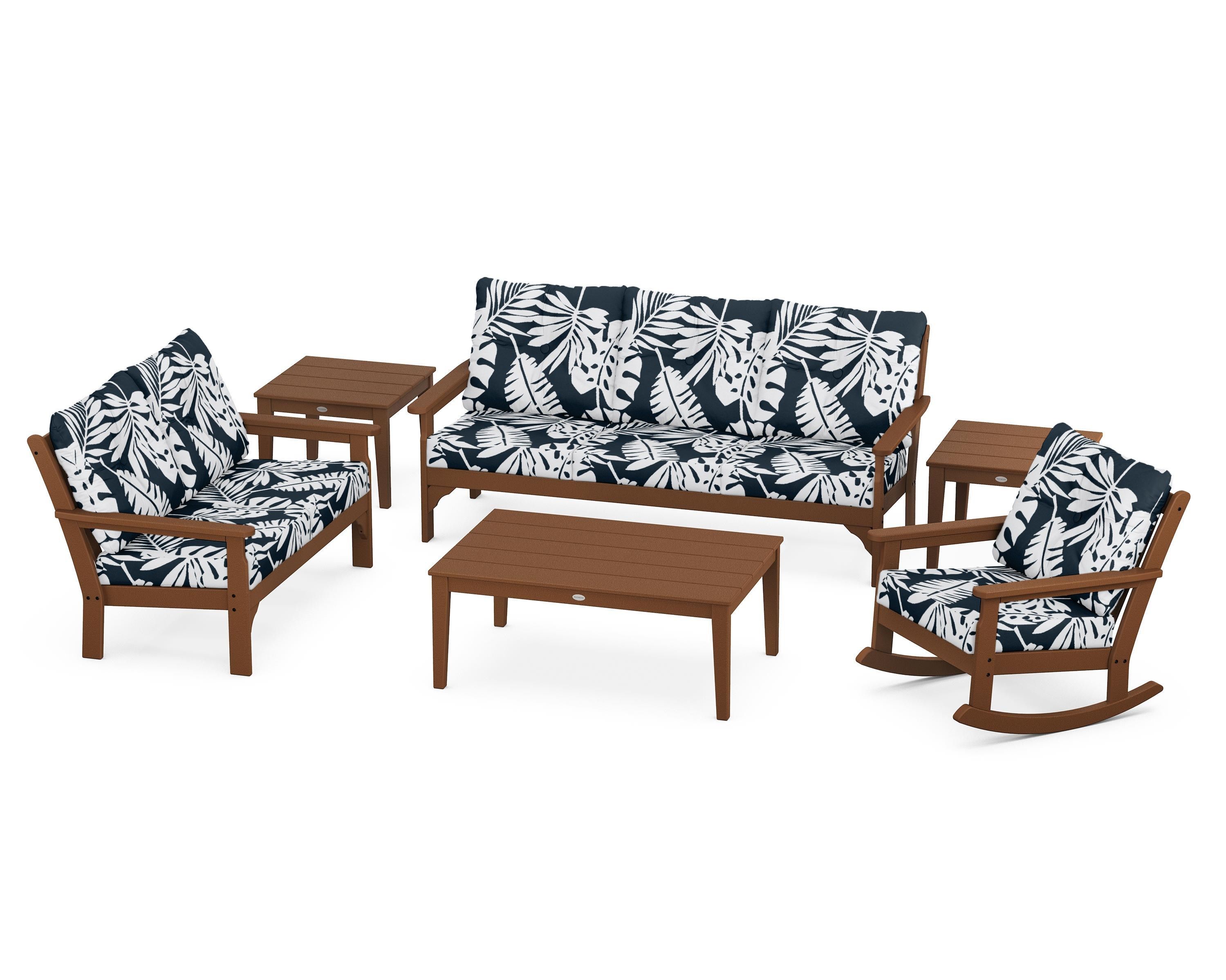 POLYWOOD® Vineyard 6-Piece Deep Seating Set in Teak / Leaf Marine Indigo