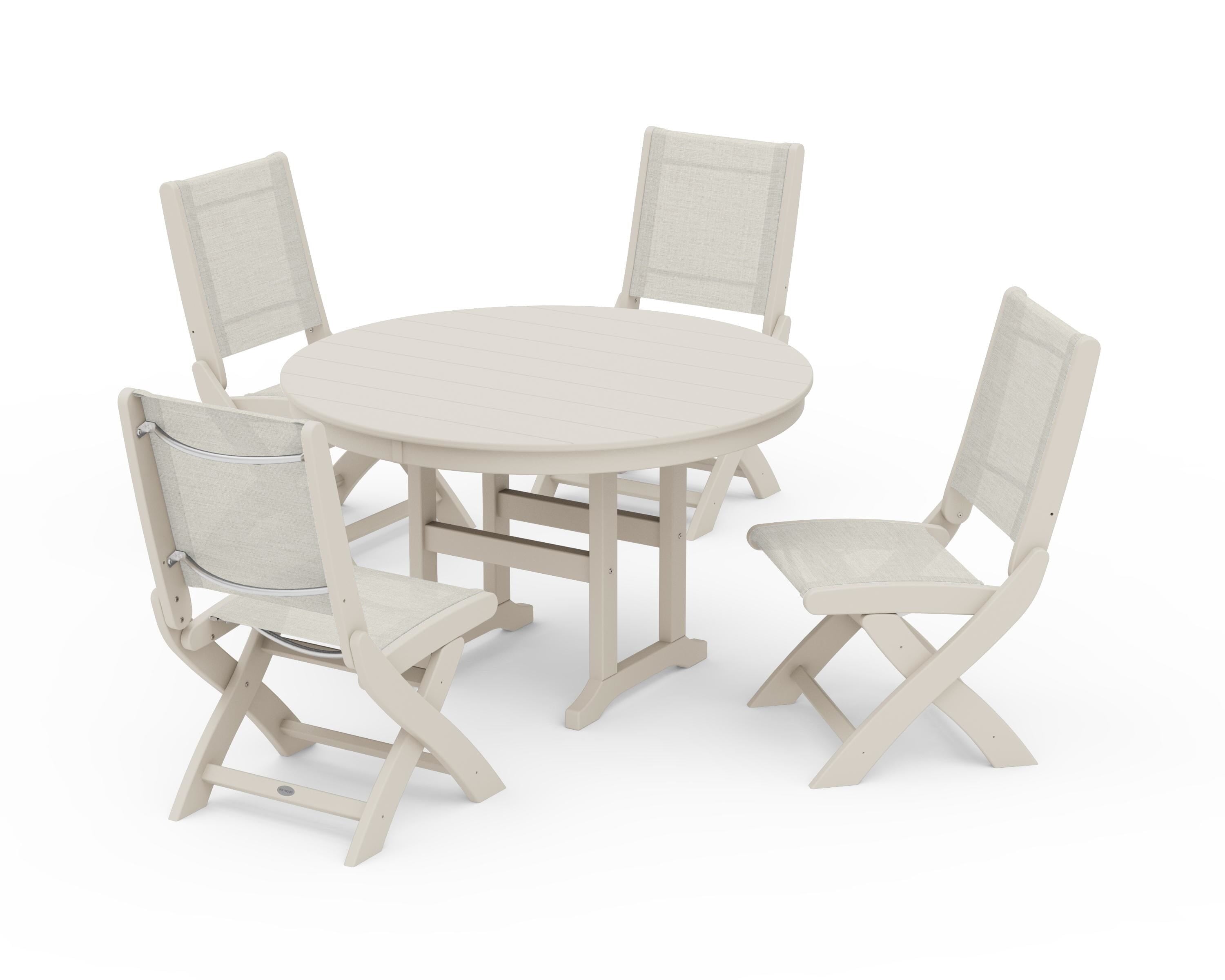 POLYWOOD® Coastal Folding Side Chair 5-Piece Round Dining Set in Sand / Parchment Sling