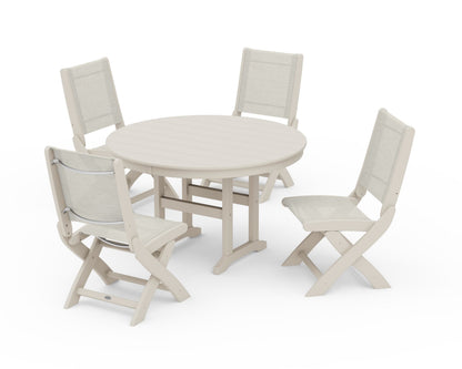 POLYWOOD® Coastal Folding Side Chair 5-Piece Round Dining Set in Sand / Parchment Sling