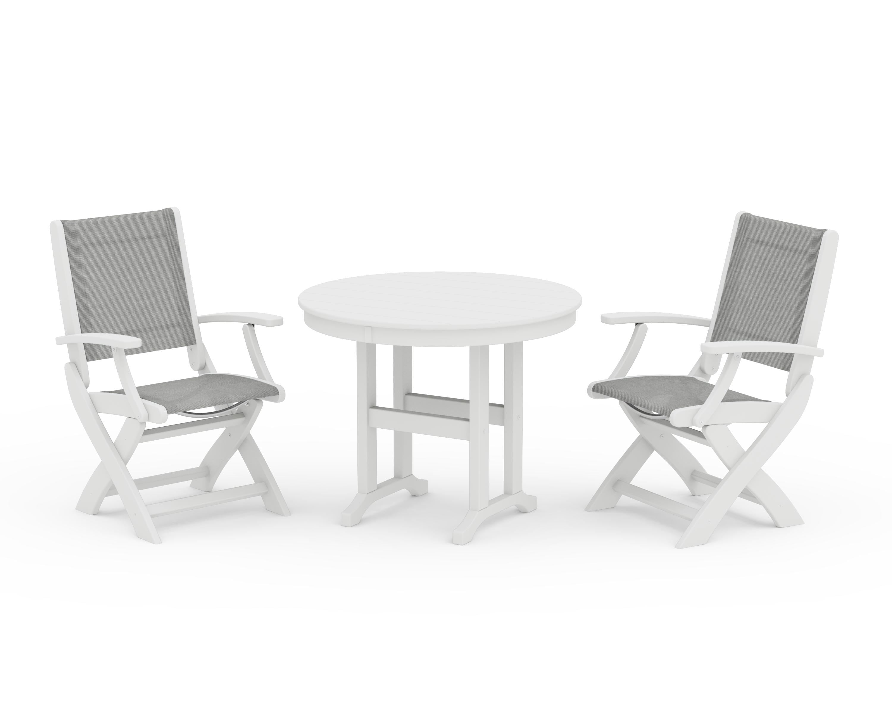 POLYWOOD® Coastal Folding Chair 3-Piece Round Dining Set in White / Metallic Sling