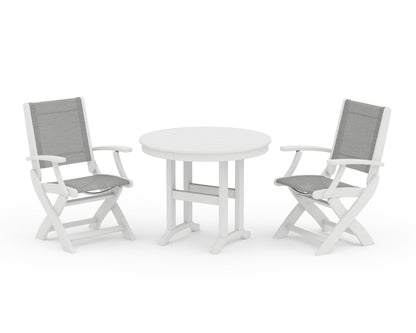 POLYWOOD® Coastal Folding Chair 3-Piece Round Dining Set in White / Metallic Sling