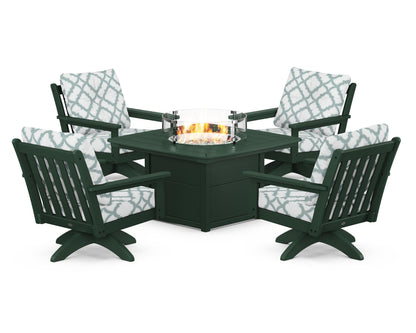 POLYWOOD® Vineyard 5-Piece Deep Seating Swivel Conversation Set with Fire Pit Table in Green / Trellis Glacier Spa