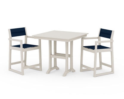POLYWOOD® EDGE Sling Arm Chair 3-Piece Farmhouse Counter Set with Trestle Legs in Sand / Navy Blue Sling