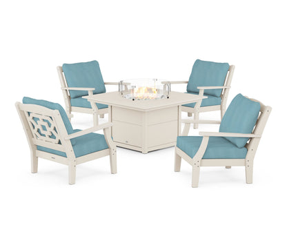 Martha Stewart by POLYWOOD® Chinoiserie 5-Piece Deep Seating Set with Fire Pit Table in Sand / Lattice Sky Blue