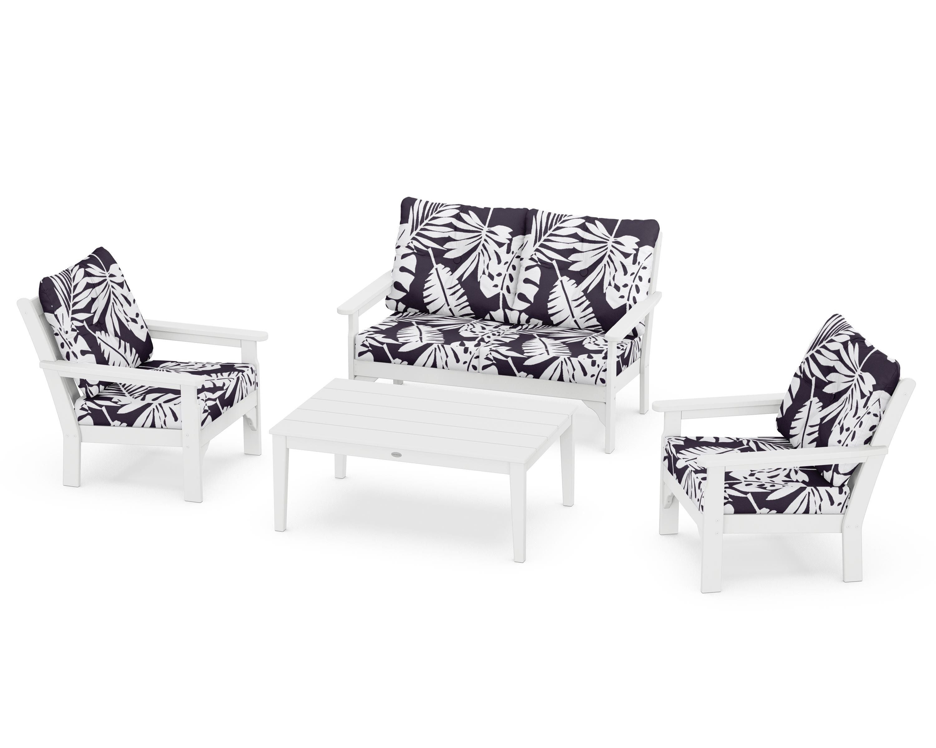 POLYWOOD® Vineyard 4-Piece Deep Seating Set in White / Leaf Navy