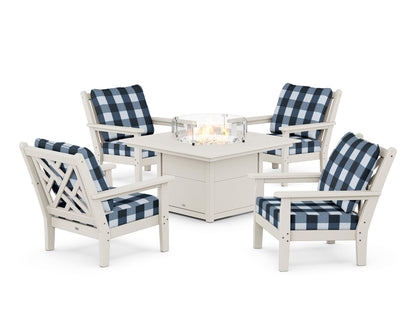 POLYWOOD® Chippendale 5-Piece Deep Seating Set with Fire Pit Table in Sand / Buffalo Plaid Marine Indigo