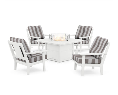 POLYWOOD® Prairie 5-Piece Deep Seating Set with Fire Pit Table in White / Cabana Stripe Grey Mist