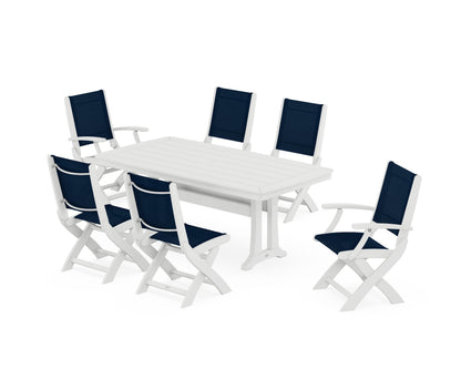 POLYWOOD® Coastal Folding Chair 7-Piece Dining Set with Trestle Legs in White / Navy Blue Sling
