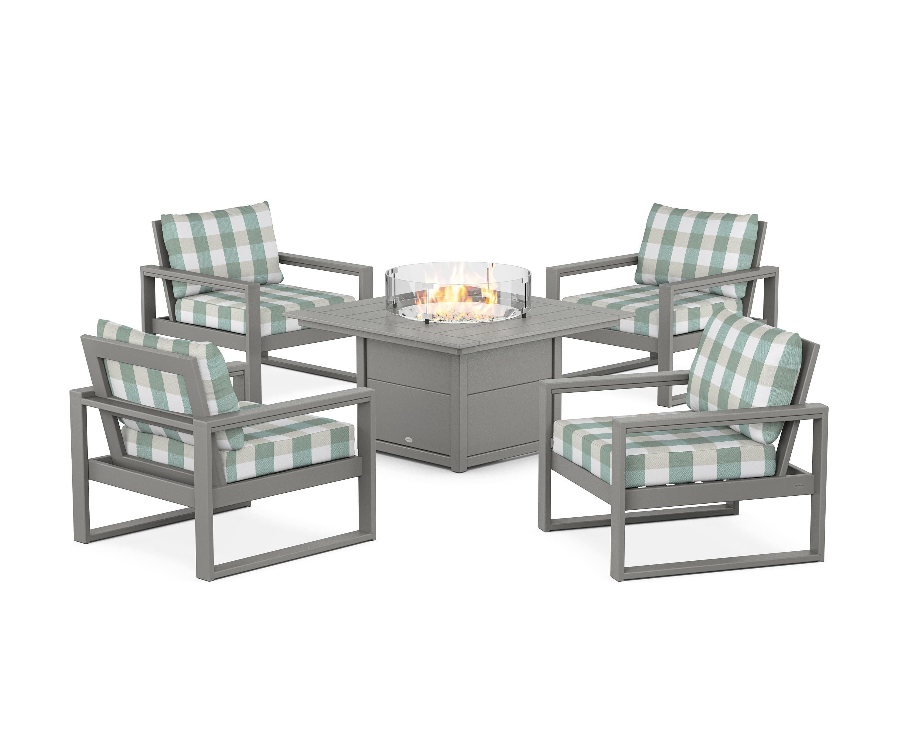 POLYWOOD® EDGE Sectional 5-Piece Deep Seating Set with Fire Pit Table in Slate Grey / Buffalo Plaid Glacier Spa