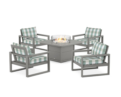 POLYWOOD® EDGE Sectional 5-Piece Deep Seating Set with Fire Pit Table in Slate Grey / Buffalo Plaid Glacier Spa
