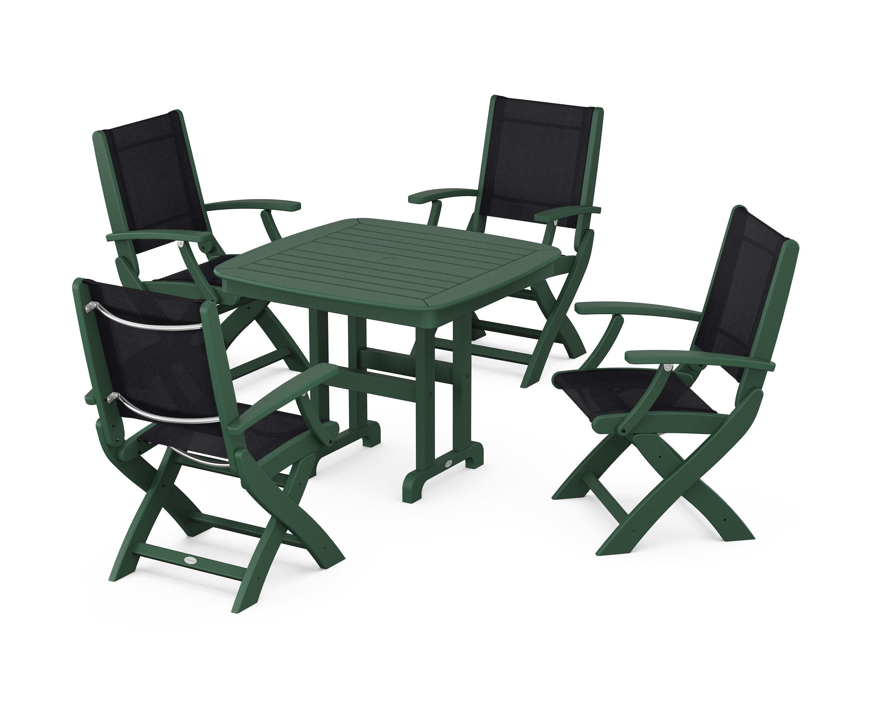 POLYWOOD® Coastal Folding Chair 5-Piece Dining Set in Green / Black Sling