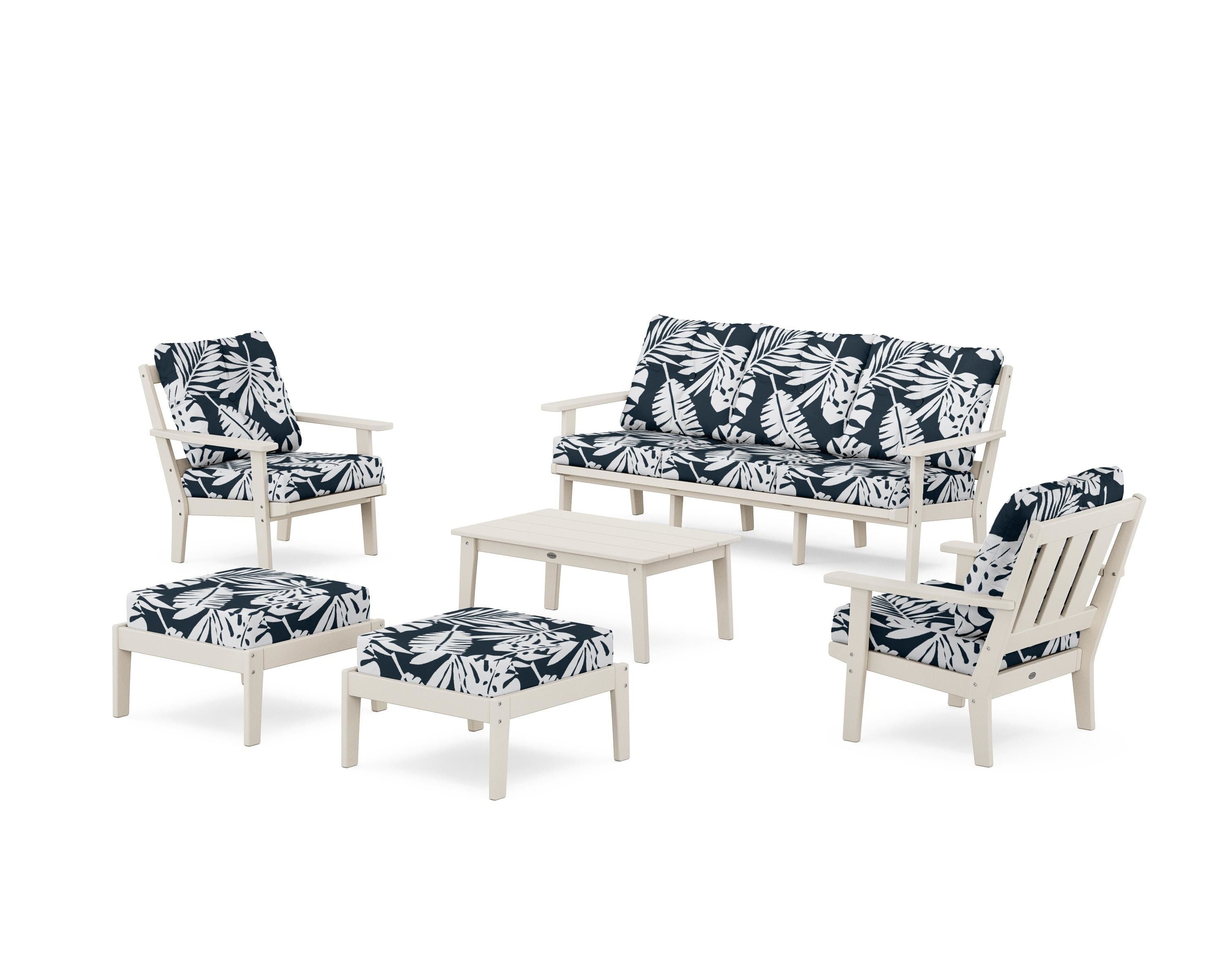 POLYWOOD® Oxford 6-Piece Lounge Sofa Set in Sand / Leaf Marine Indigo