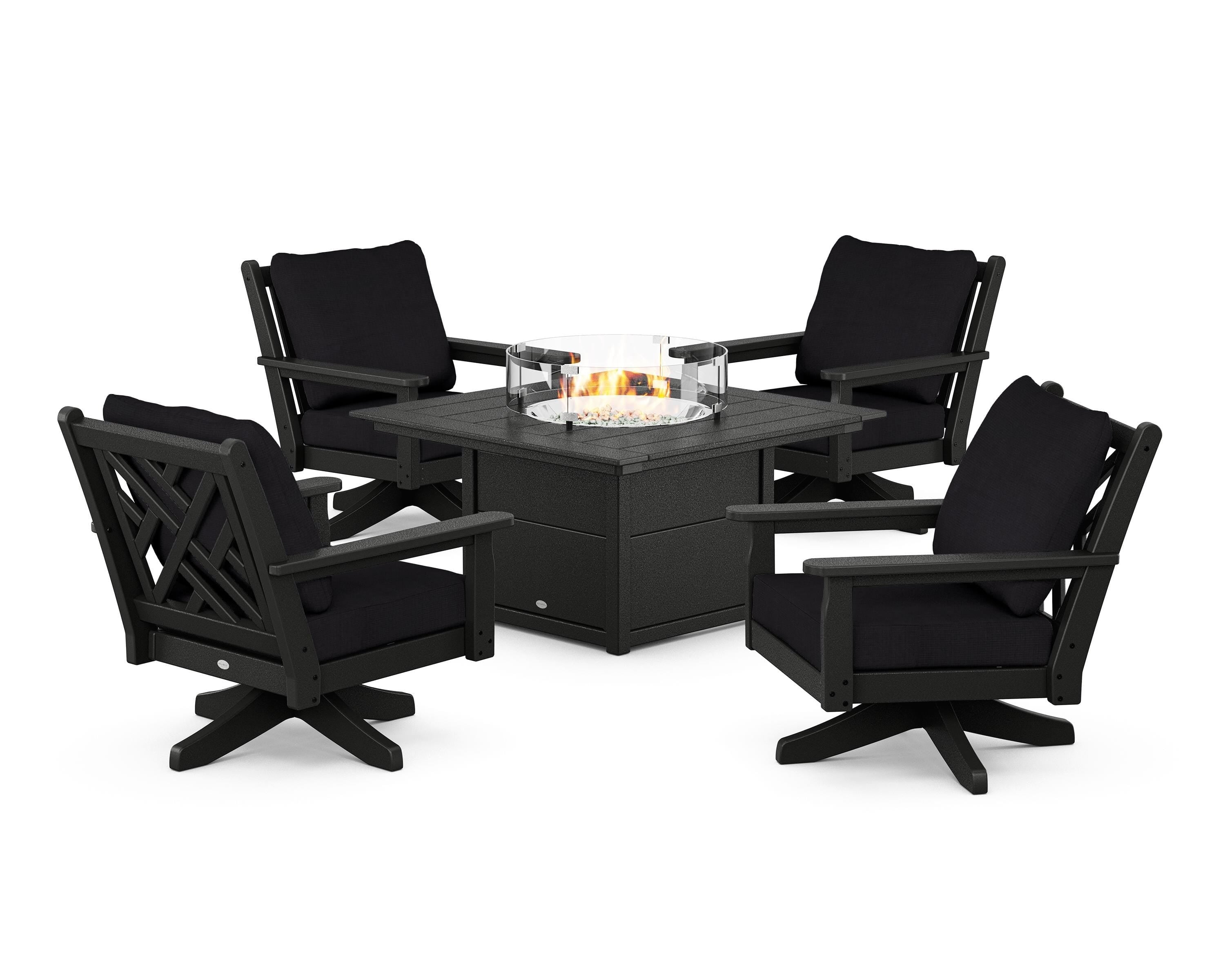 POLYWOOD® Chippendale 5-Piece Deep Seating Swivel Conversation Set with Fire Pit Table in Black / Midnight Linen