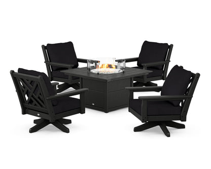 POLYWOOD® Chippendale 5-Piece Deep Seating Swivel Conversation Set with Fire Pit Table in Black / Midnight Linen