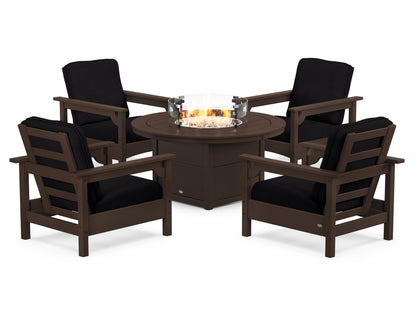 POLYWOOD® Club 5-Piece Conversation Set with Fire Pit Table in Mahogany / Midnight Linen