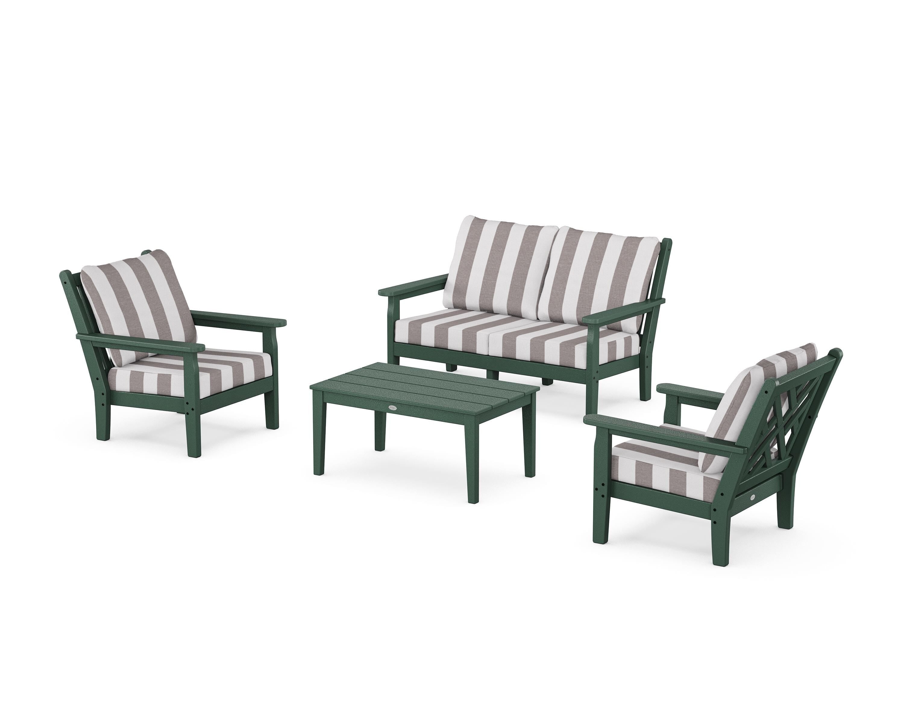 POLYWOOD® Chippendale 4-Piece Deep Seating Set with Loveseat in Green / Cabana Stripe Grey Mist