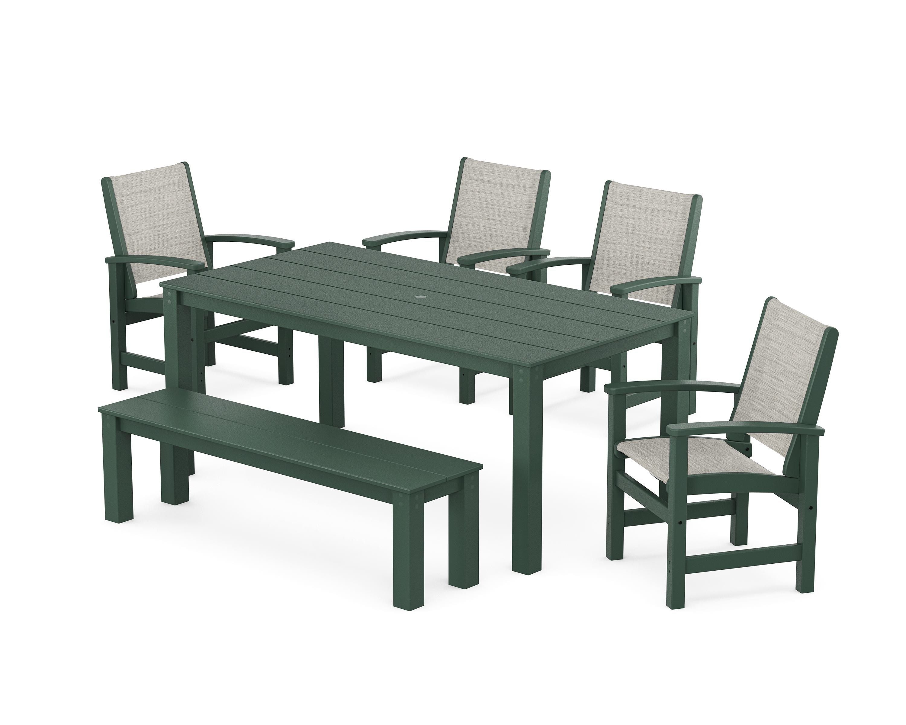 POLYWOOD® Coastal 6-Piece Parsons Dining Set with Bench in Green / Birch Sling