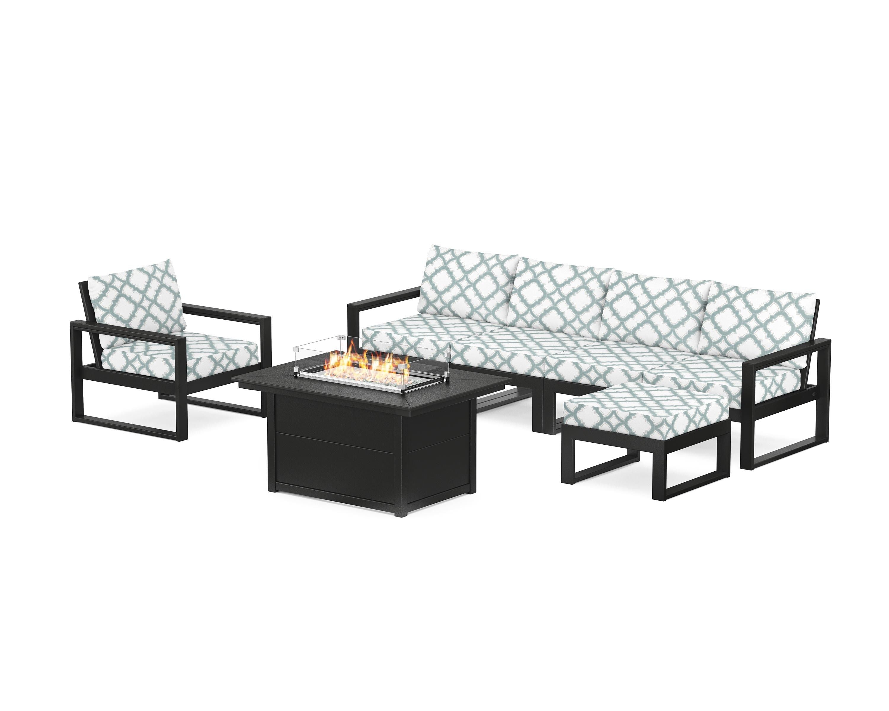 POLYWOOD® EDGE Sectional Lounge and Fire Pit Set in Black / Trellis Glacier Spa