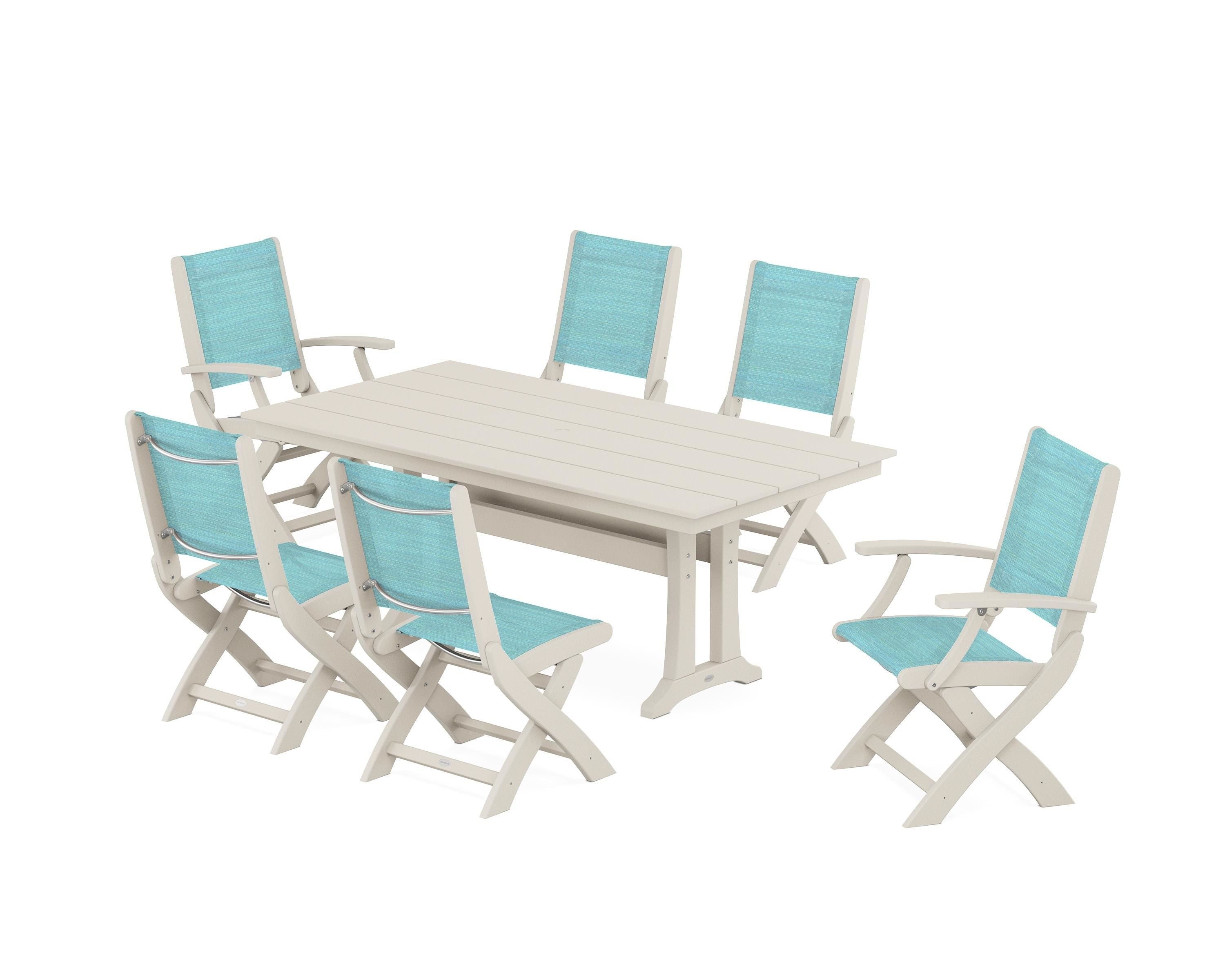 POLYWOOD® Coastal Folding Chair 7-Piece Farmhouse Dining Set with Trestle Legs in Sand / Dupioni Aquamarine Sling